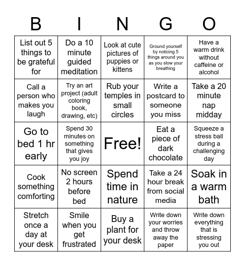 Relax Bingo Card