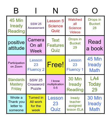 Sanderson Bingo 3/22 - 3/26 Bingo Card