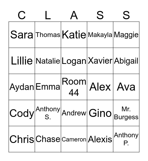 Room 44 Names Bingo Card