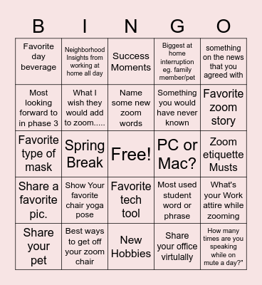 Remote Work Bingo Card