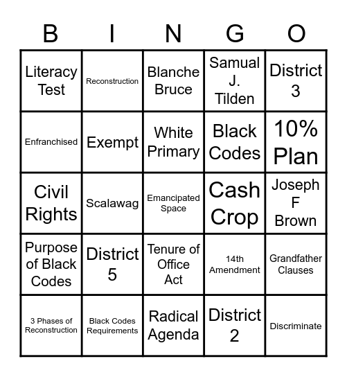 Reconstruction Bingo Card