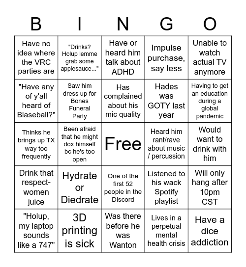 Wantnot Bingo Card