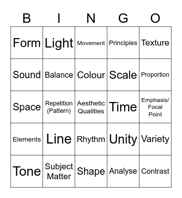 Art Elements and Principles Bingo Card