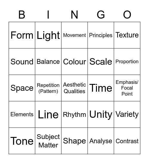 Art Elements and Principles Bingo Card