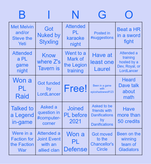 Prime Legion Bingo Card