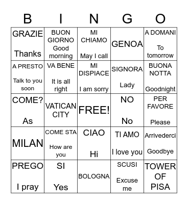 I T A L I A N   B I N GO Bingo Card