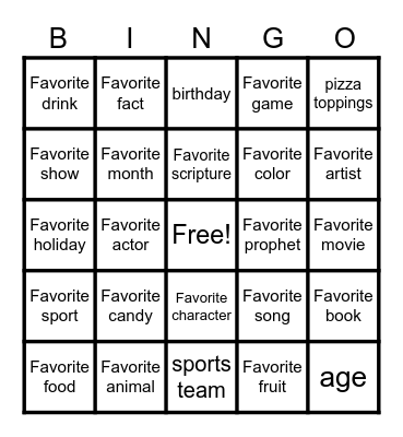 activity Bingo Card