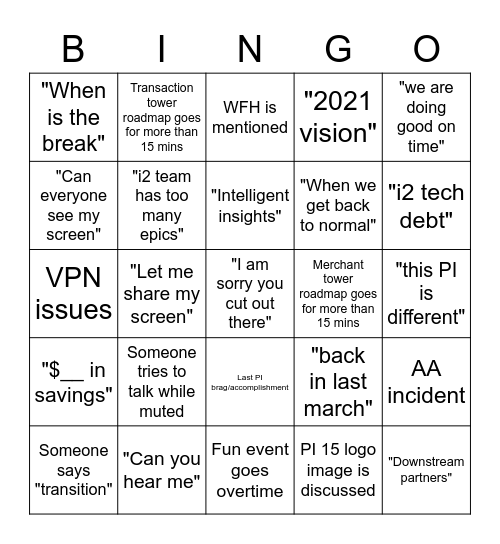 EMI PI planning Bingo Card