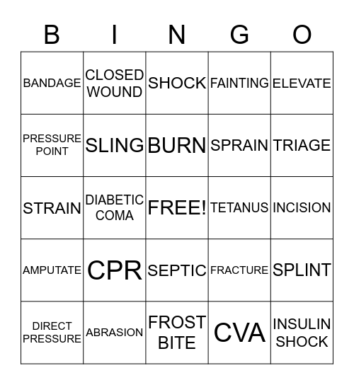 FIRST AID Bingo Card