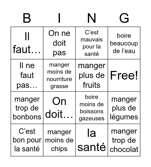 S3 French- healthy living 1 Bingo Card