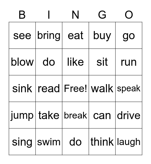 Verbs Bingo Card