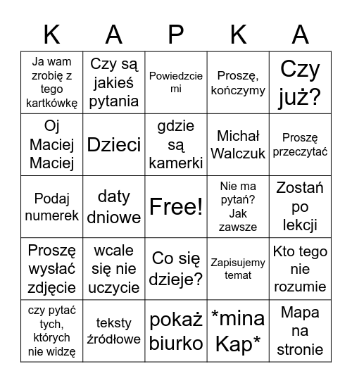 Kap Bingo Card