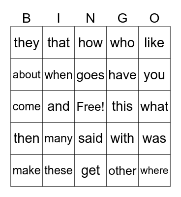 Sight Words Bingo Card