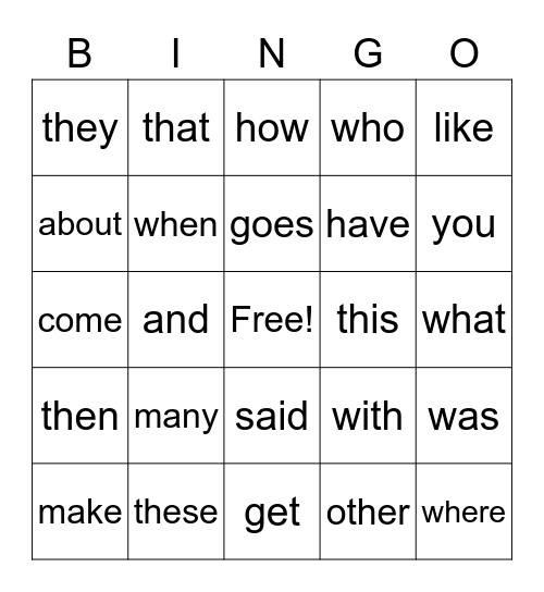 Sight Words Bingo Card