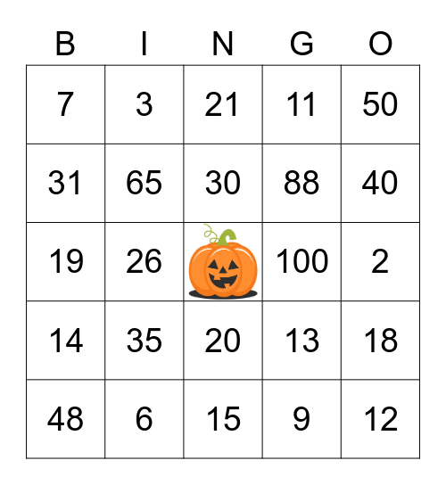 Numbers 0-100 Bingo Card