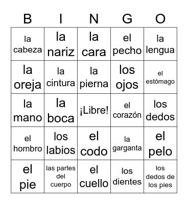 Partes del Cuerpo Bingo Card