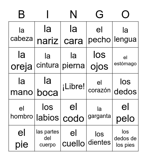 Partes del Cuerpo Bingo Card