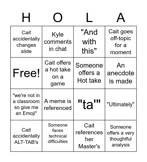 Caitlin Bingo Card