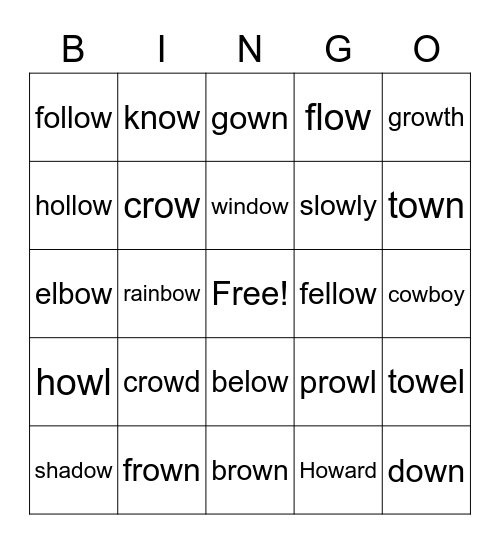 Sounds of 'ow' Bingo Card