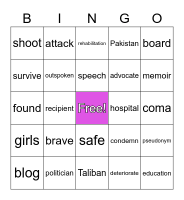 Malala Yousafzai Bingo Card