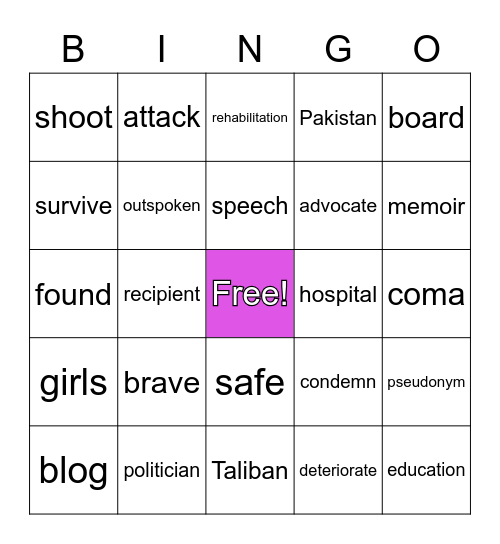 Malala Yousafzai Bingo Card