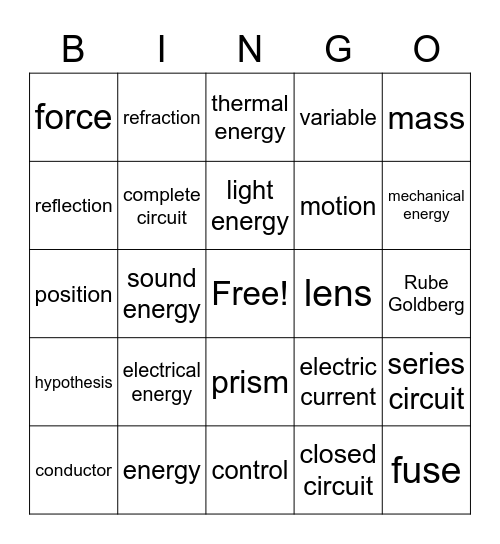 Force, Motion, and Energy  Bingo Card