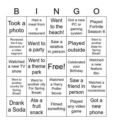 Return from Spring Break Bingo Card