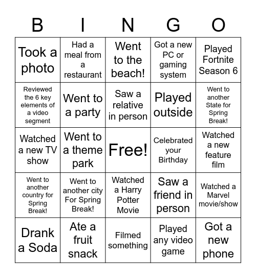 Return from Spring Break Bingo Card