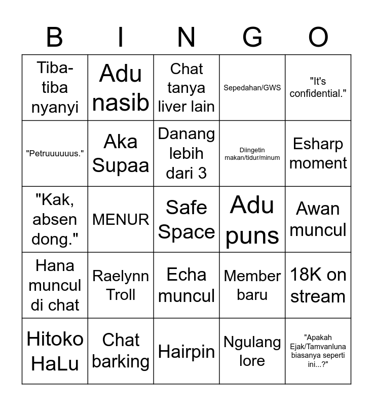 Stream hari ini Bingo Card