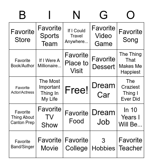 Canton Prep Bingo Card