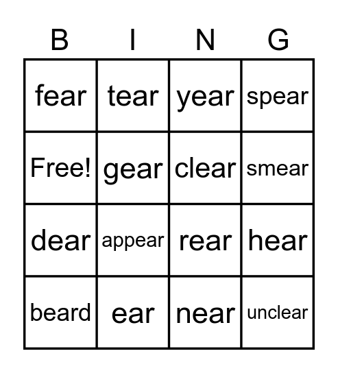 Ear words Bingo Card