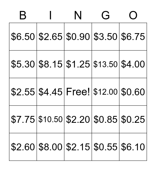 Counting Money Bingo Card