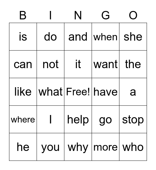 Core words Bingo Card
