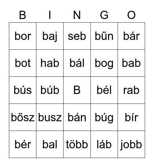 b betűs szavak Bingo Card