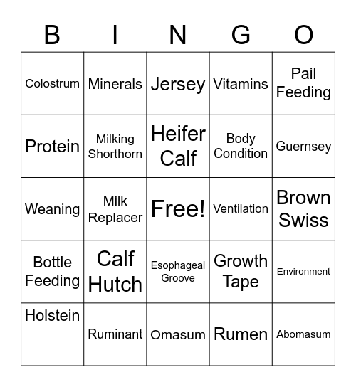 Raising Calves Bingo Card