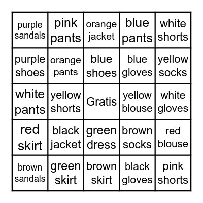 3rd  Grade- Clothing and Colors Bingo Card