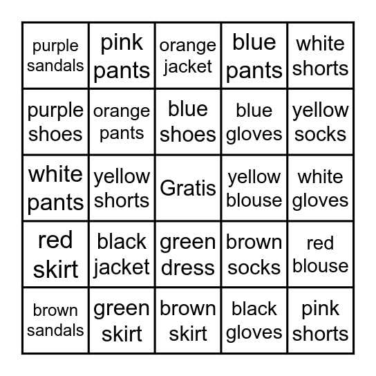 3rd  Grade- Clothing and Colors Bingo Card
