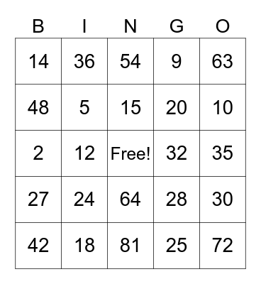 Multiplication BINGO Card