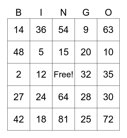 Multiplication BINGO Card