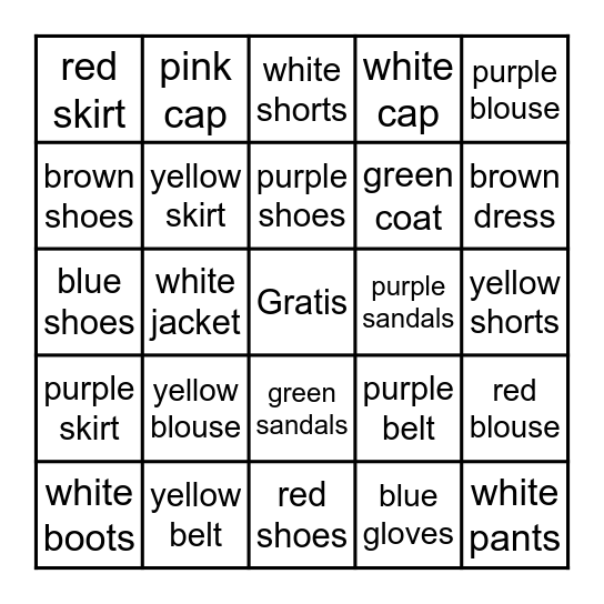 3rd Grade- Clothing and Colors Bingo Card