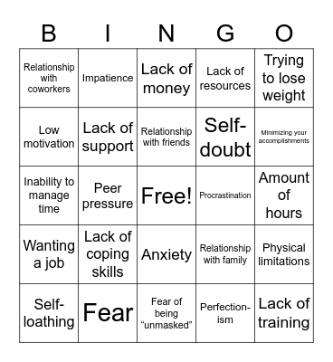 Internal & External Obstacles Bingo Card