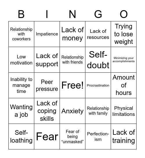 Internal & External Obstacles Bingo Card