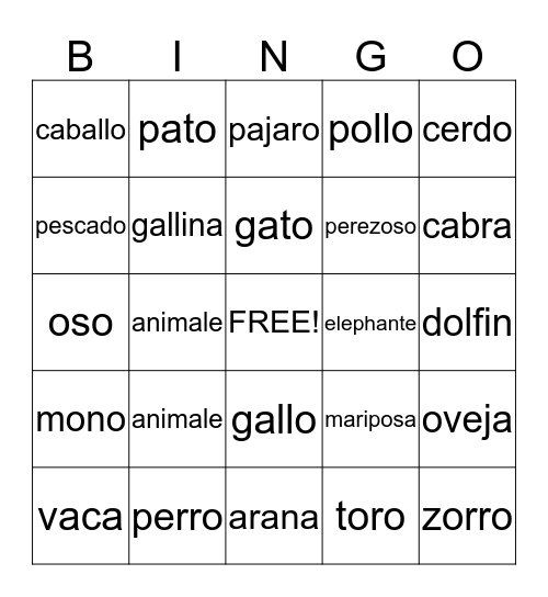 Animals In Spanish Bingo Card