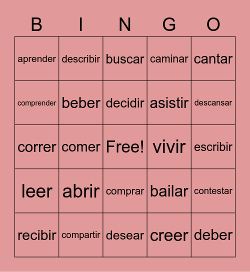 Regualr Spanish Verb Vocab Bingo Card