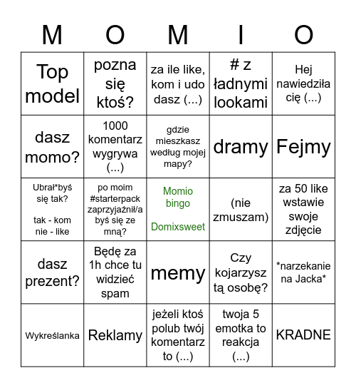 Bingo wersja momio Bingo Card