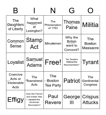 Road to Revolution Bingo Card