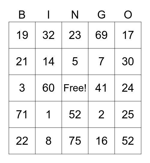 Number Bingo 1-75 Bingo Card