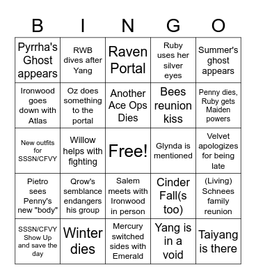 Vol 8 Finale Bingo Card