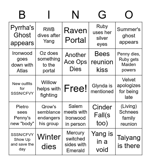 Vol 8 Finale Bingo Card