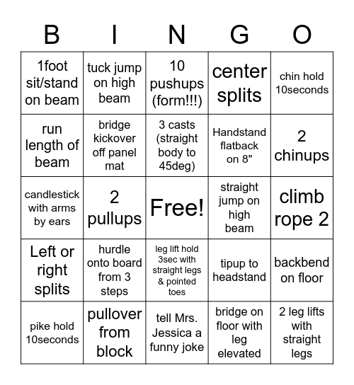 White Level Gymnastics Bingo Card